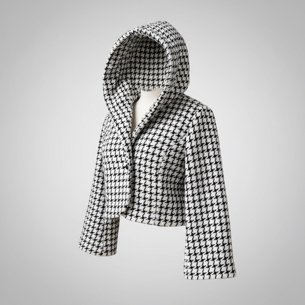 VTG Dereon Beyoncé Black White Houndstooth Hooded Jacket Women's Size L Glitter - Picture 3 of 13